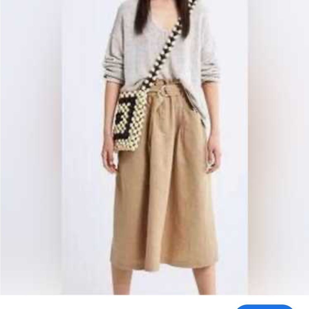 Zara Tan Linen Paperbag Pleated Full Midi Skirt | M